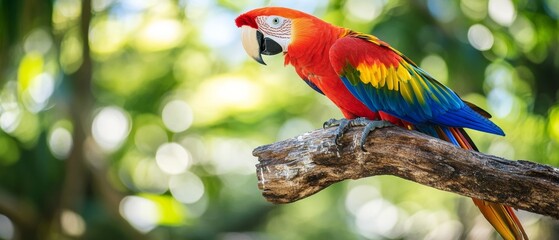 A Scarlet Macaw on Branch: Rainforest Bright Bokeh 