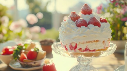 Scrumptious Strawberry Cake with Cream and Fresh Berries Decor