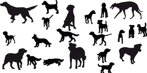 Dogs, set, vector, silhouette, in various pose, white, background
