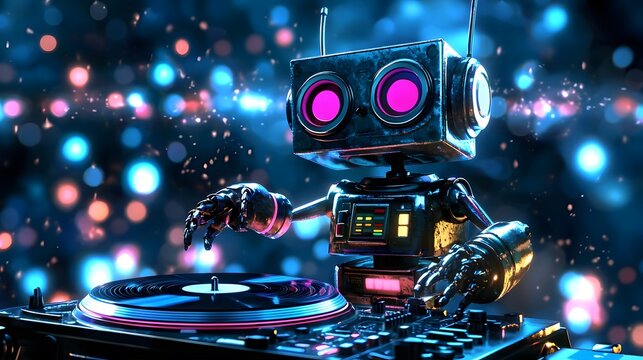 Retro robot DJ mixes music on a turntable against a vibrant bokeh background.  Perfect for tech, music, and AI themes.