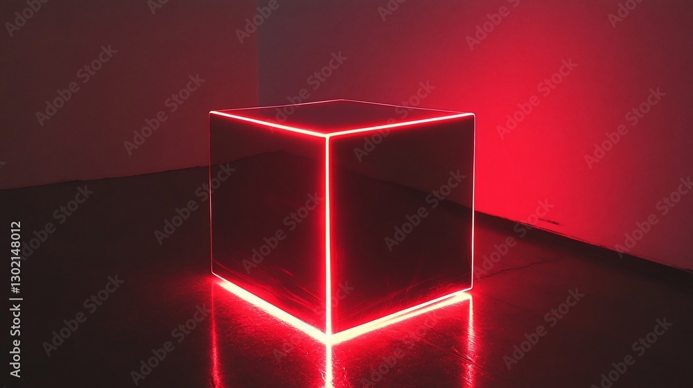 Poster illuminated red cube object with reflective surfaces in a corner space with shadows