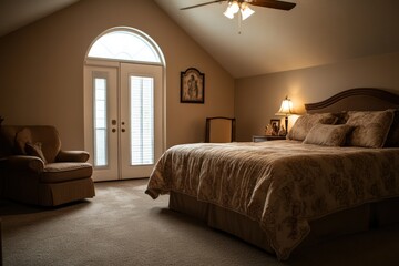 Luxurious master bedroom with king-size bed, arched window, and comfortable armchair.
