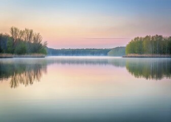 Obraz premium Ethereal abstract scene of a quiet spring lake at dawn, with delicate reflections, blurred organic forms, and a soft, pastel glow.