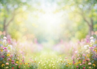 Fototapeta premium Ethereal impressionist depiction of a spring landscape with diffuse light, abstract floral dabs, and a dreamy, watercolor finish.