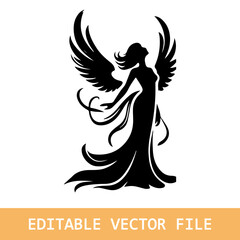 A silhouette of Christmas angel woman with wings and a robe. She is praying. The image has a serene and peaceful mood