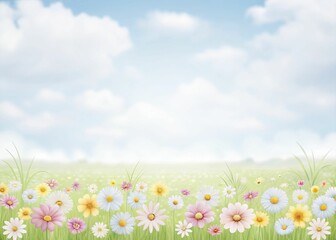 Fototapeta premium Minimalist watercolor illustration of a vibrant spring field, with delicate floral outlines and soft, bleeding colors.