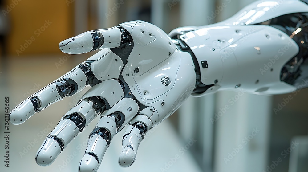 Poster a detailed view of a robot hand capturing the essence of modern technology and its applications in r