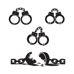 Handcuff and Broken Chain Icons, Symbol of Freedom, Justice, Crime, Imprisonment, Law Enforcement, Prison Escape, Human Rights, Black and White Vector Illustration for Legal and Social Concepts  