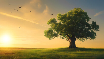 Obraz premium Golden Hour Oak: A majestic oak tree stands solitary in a serene meadow, its lush green foliage illuminated by the warm glow of the setting sun, with birds soaring overhead.