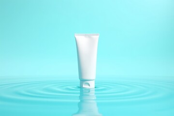 A white skincare tube lying on the surface of clear blue water, with ripples visible