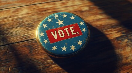 Vintage vote button with stars on rustic wooden surface
