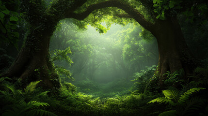 dense dark forest with plenty of undergrowth, illuminated by soft light filtering through trees, creates serene and mystical atmosphere
