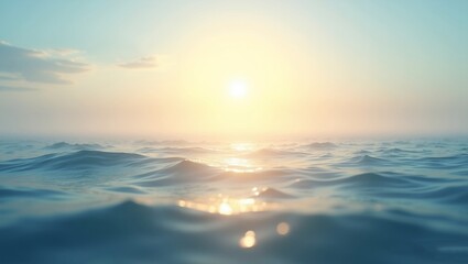 Obraz premium ocean landscape at sunrise, with gentle waves shimmering under the golden light. The sky blends soft blues and warm hues, creating a tranquil and blissful atmosphere.