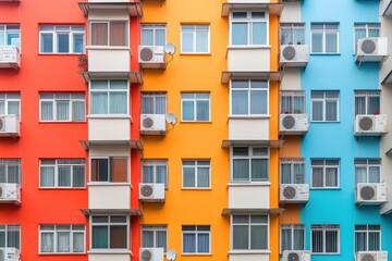 Urban Chaos: Cluster of Packed Apartment Buildings with Balconies Bursting with Satellite Dishes, Air Conditioning Units, and Flower Pots Creating a Fascinating Landscape