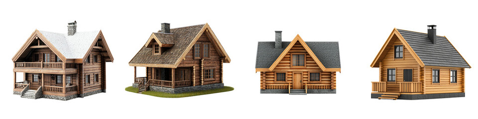 Charming wooden cabins with rustic designs nestled in the serene mountain landscapes  offering a peaceful and cozy retreat for vacations  adventures  and leisure activities