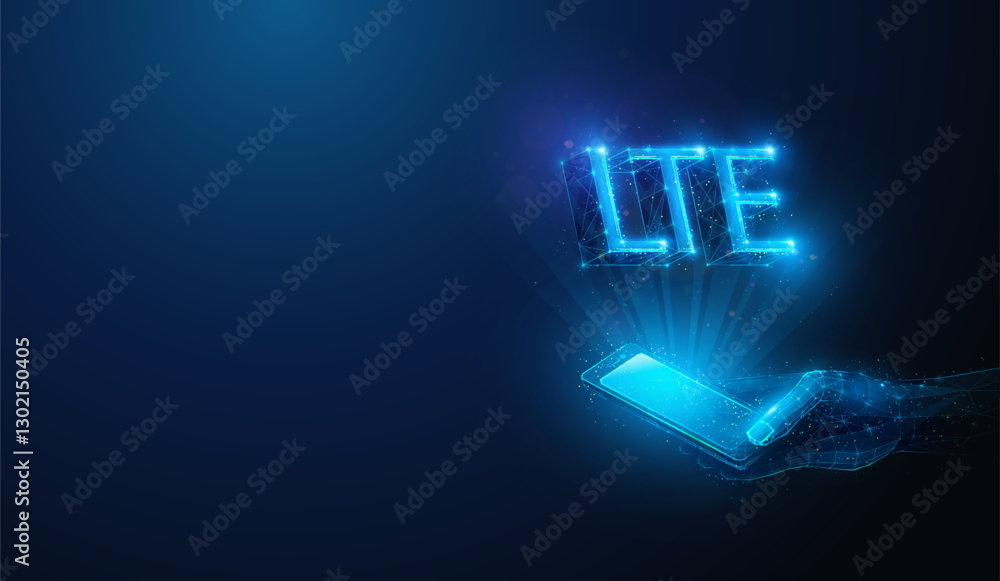 Poster lowpoly lte mobile network over smartphone in hand.abstract geometric 3d abbreviation illustration o
