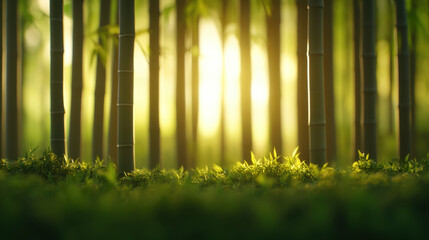 serene bamboo forest with slender tall stalks and soft green foliage, illuminated by gentle sunlight filtering through trees, creating peaceful atmosphere