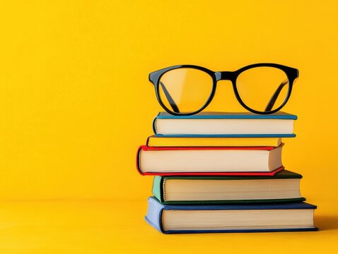 Academic illustrations showcasing books and glasses studio digital artwork bright yellow background eye-level perspective