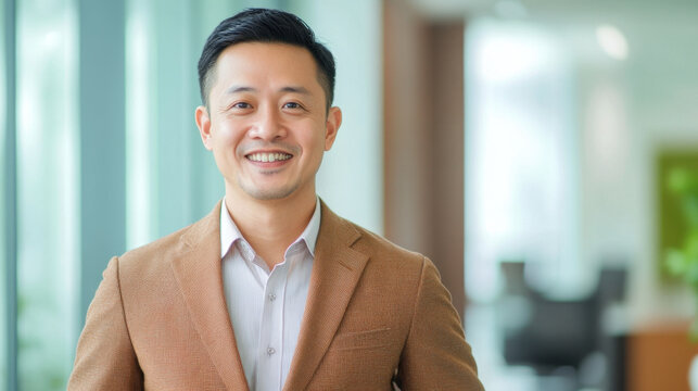confident Asian office man in brown suit smiles warmly in modern workspace, showcasing professionalism and approachability