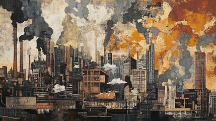 Industrial city landscape with smoking chimneys and tall buildings in a textured style painting