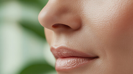 close up of woman face showcasing smooth skin, soft lips, and natural look, surrounded by green foliage, conveying sense of tranquility and beauty