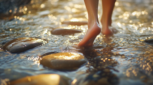 Serene barefoot steps traverse gleaming river stones, embracing nature's gentle current and the glow of reflections Image made using Generative AI