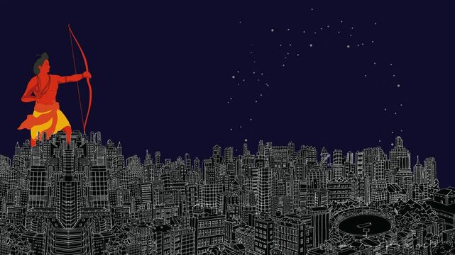 dussehra lord ram standing,hand drawing ram bhagva, big detailing, big city building, cricket ground 4k vidyo
