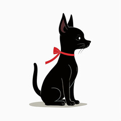 Stylized black cat with red ribbon collar, transparent background