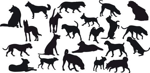 Dogs, set, vector, silhouette, in various pose, white, background