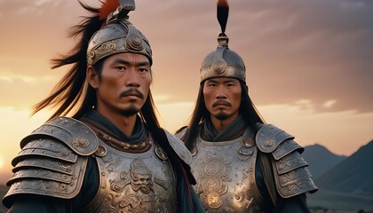 Mongolian Warriors at Sunset: A Majestic Scene of Ancient Power
