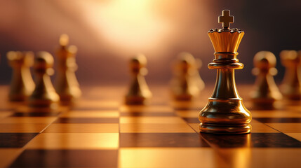 golden chess king stands prominently on wooden chessboard, surrounded by other pieces, symbolizing strategy and competition in warm, dramatic light