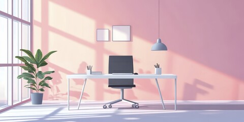 Fototapeta premium Modern Minimalist Home Office Workspace Design with Sunlight Streaming Through Large Window