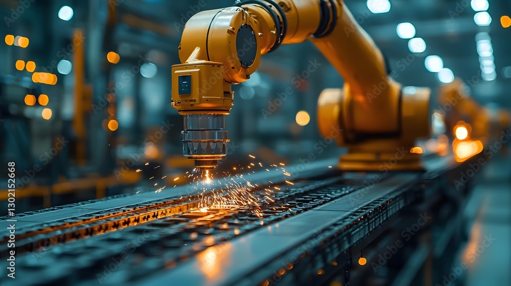 Poster advanced robotic arm efficiently assembling components on a high-speed conveyor belt in a modern ind