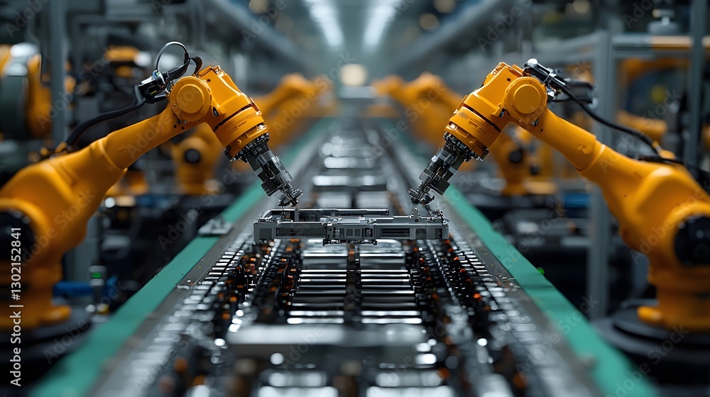 Poster series of robots working collaboratively on a conveyor belt to enhance production efficiency in a mo