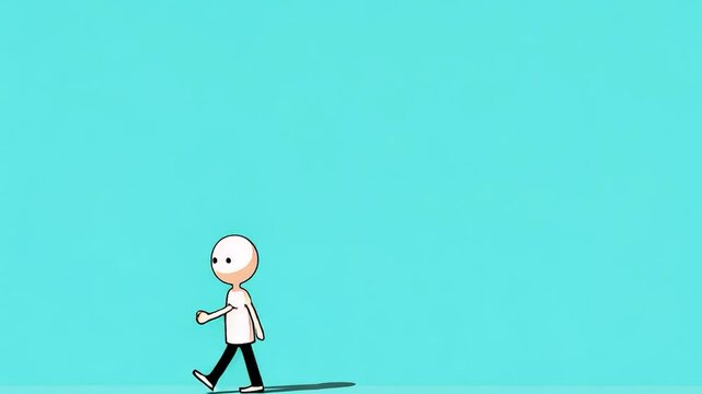 Animated character walking on a bright blue background, emphasizing simplicity and motion