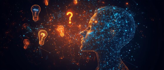 Thinking and idea generation visual, human head silhouette with interconnected gears and floating question marks, lightbulb icons glowing above, highdetail, Midjourney AI
