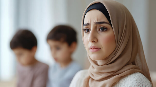 woman wearing hijab looks concerned while sitting with two children in background. atmosphere conveys sense of worry and contemplation