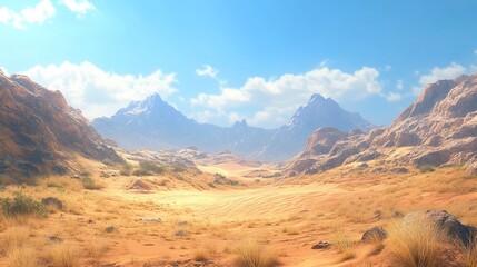 Fototapeta premium Vast desert landscape with sandy dunes, rocky hills and snow capped mountains under blue sky