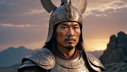 Portrait of a Mongolian Warrior at Sunset