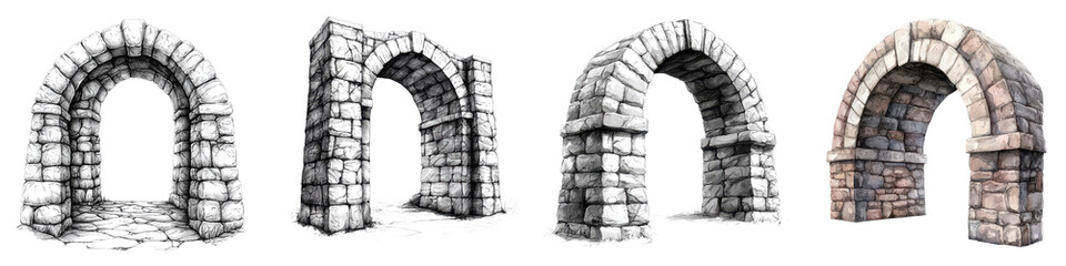 Weathered stone archways in the historic facade of an ancient castle or fortress  Architectural details of classic medieval construction with brick columns and towers