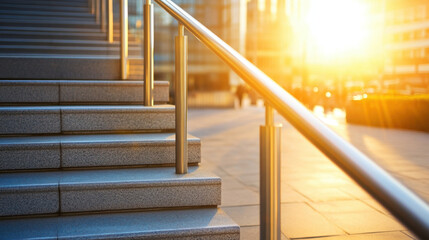modern staircase railing in urban setting, illuminated by warm sunset. sleek design and reflective surfaces create serene atmosphere, inviting exploration