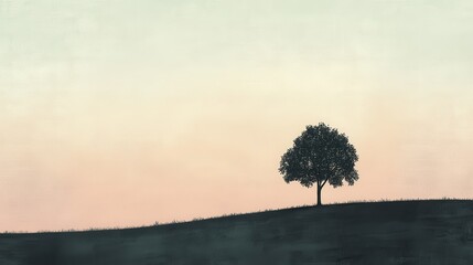 Solitary Tree Silhouette at Sunset: A Serene Landscape Painting
