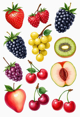 Watercolor Style Assorted Fruit Still Life on White