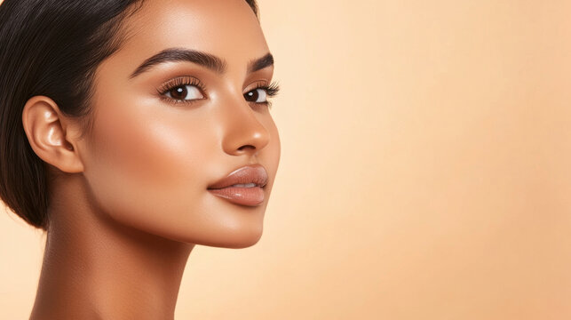 striking Indian woman with firm lifted skin showcases natural beauty and elegance. Her glowing complexion and defined features create captivating portrait