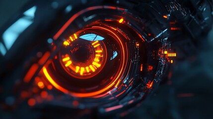 Futuristic Mechanical Eye Close-up with Glowing Red Elements on Dark Background
