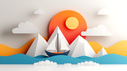 Sailing adventure at sunset artistic landscape paper craft ocean view abstract design