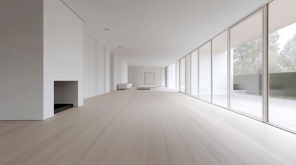 Obraz premium Minimalist Interior with White Walls and Large Glass Windows Featuring Wooden Floors
