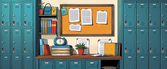 Lockers and bulletin board background anime retro cartoon concept illustration
