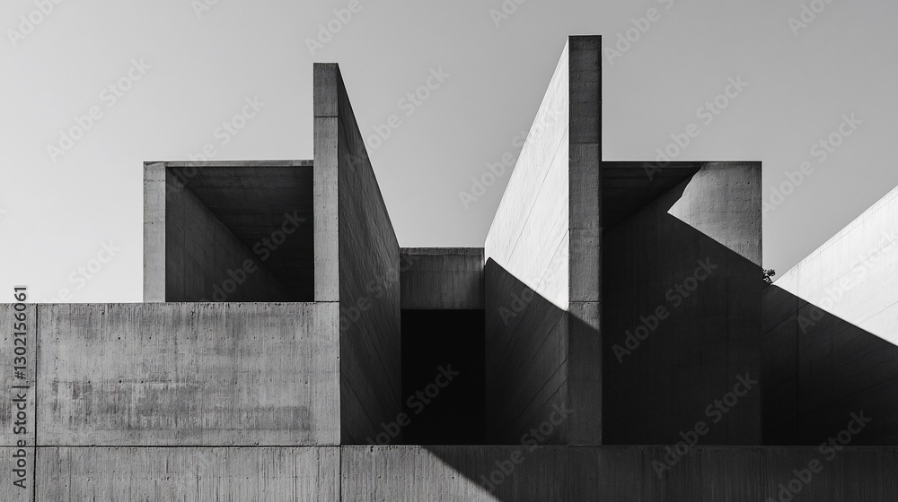 Poster architectural study: concrete structure with geometric lines and deep shadows on a clear day