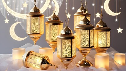 Elegant golden Ramadan lanterns with intricate Islamic patterns, softly glowing and arranged with crescent moons and stars on a transparent background.